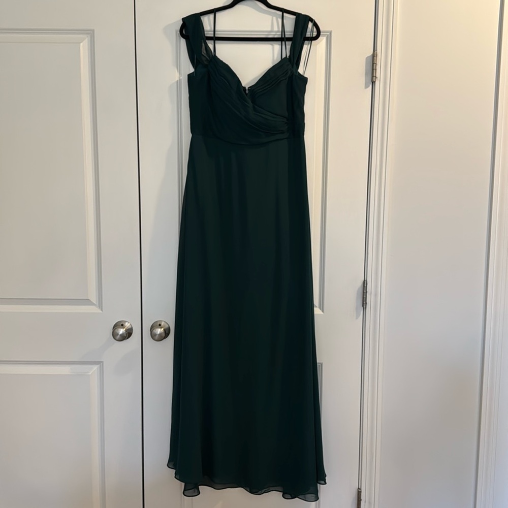 Lightly used Birdy Grey bridesmaid dress; color Emerald; size XL